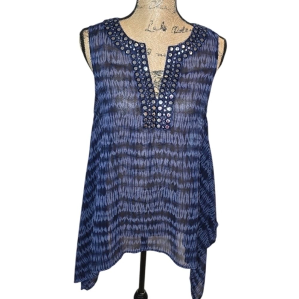 Michael Kors Tie Dye Sleeveless Blouse Embellished Neckline Casual Blue Black M